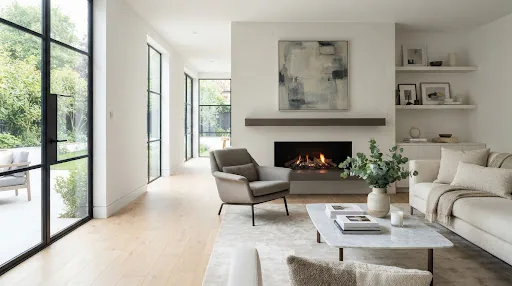 Salón renovado con chimenea minimalista y suelo de madera clara