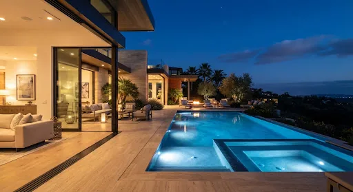 Piscina geométrica moderna al atardecer con iluminación LED subacuática